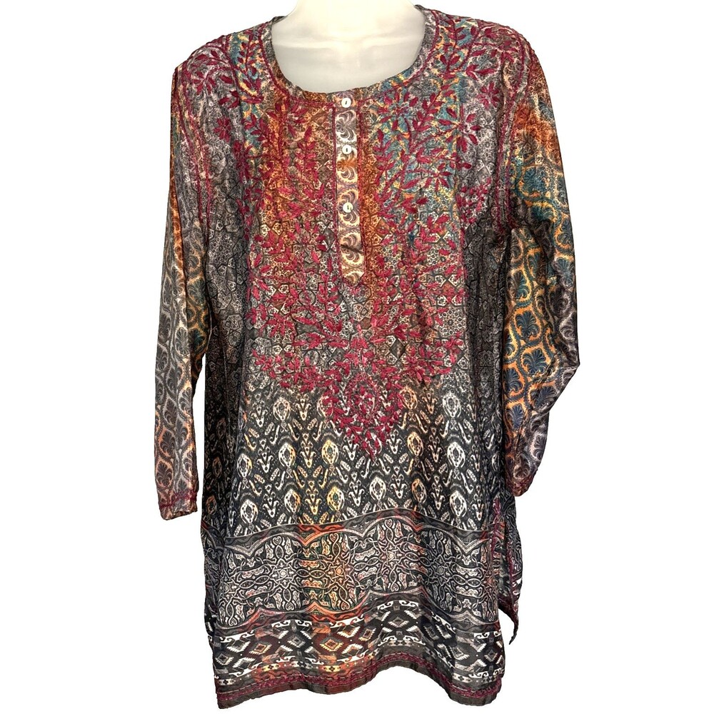 Embroidered Multi-Color Long-Sleeve Tunic Blouse - Women's